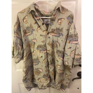 DAVID CAREY Fish Print Shirt Men's 2XL Button Up Cotton Rayon Blend Casual Beach